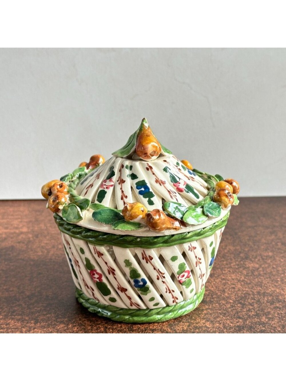 Vintage Italian Majolica Lattice Basket Lidded Box Applied Fruit Capodimonte Sty